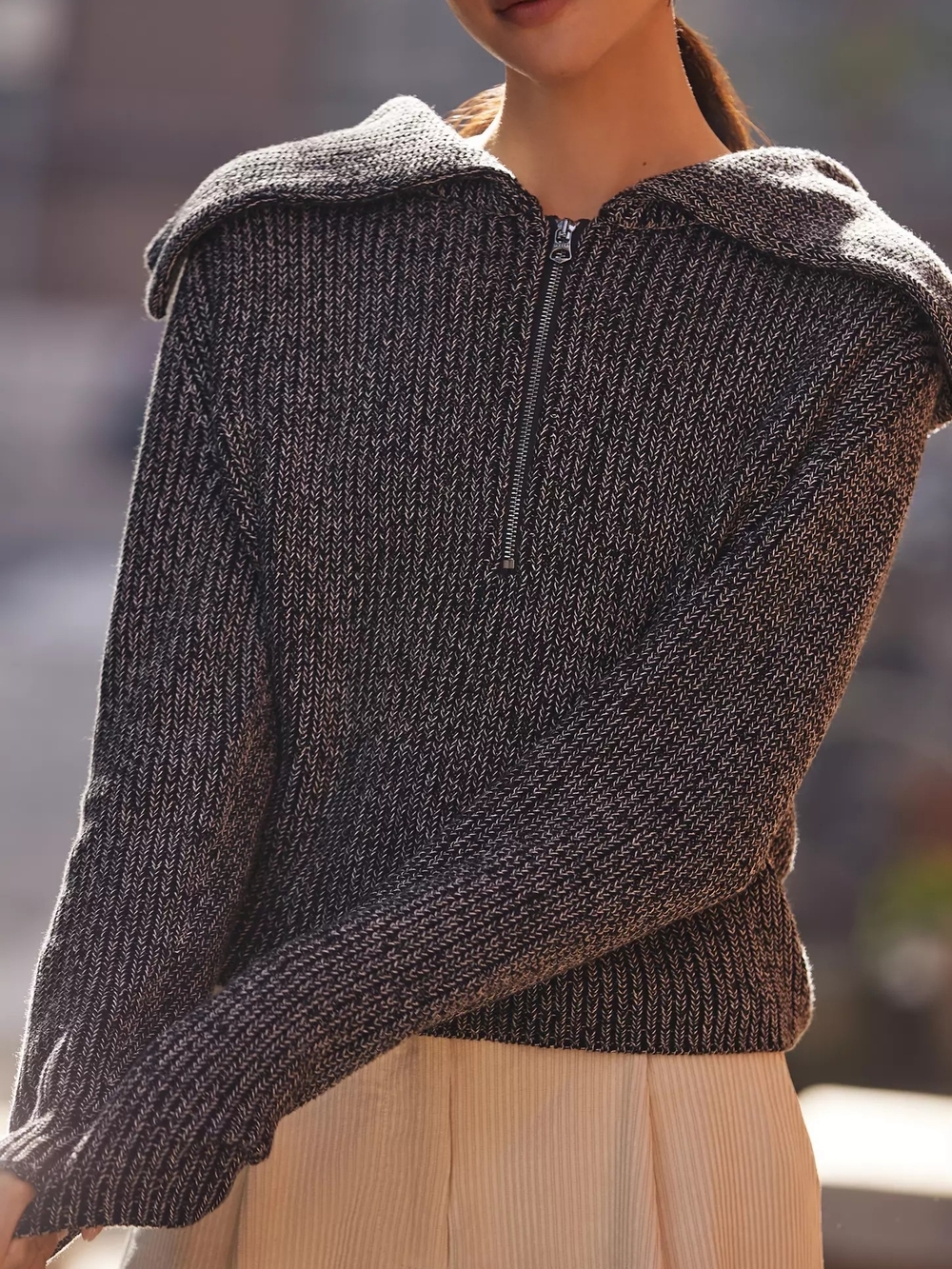 Varley Elise Black and Gray Half-Zip Hooded Knit Sweater